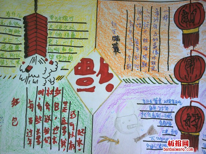 雪白鲜红过大年春节手抄报
