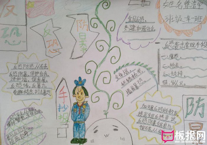 简单的安全教育手抄报图片，反恐怖反暴力